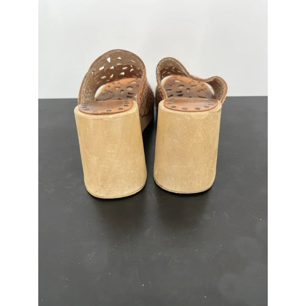 Y2K Vintage Wedge Sandals 5 Tan Leather Chunky Platform Wooden Block Heel Cutout
